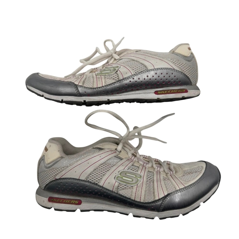 Skechers Sport Sneakers Mesh Lace Up Women 8.5 Silver White SN 12246 Gym Running